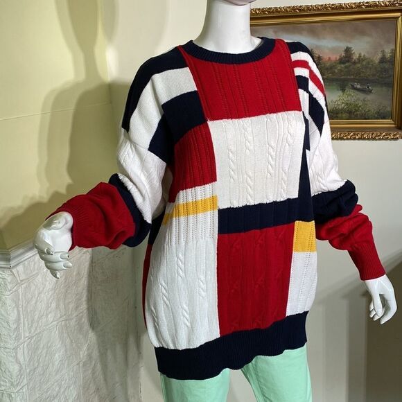 90’s Nautica Colour Block 100% Cotton Multi Colour Cable Knit Oversized Sweater - Picture 3 of 13
